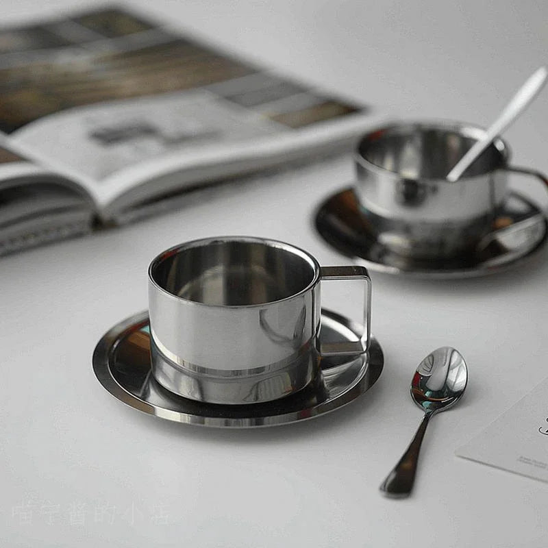 Korean Style Niche Coffee Cup and Saucer Set Retro Stainless Steel Coffee Cup Small Exquisite Posing Vlog Afternoon Tea Cup