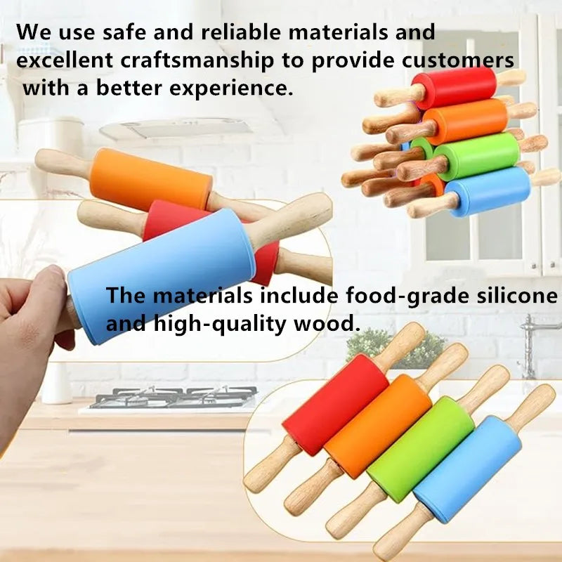 Silicone Rolling Pin with Wooden Handle, Non-Stick, 1 or 4 Pack
