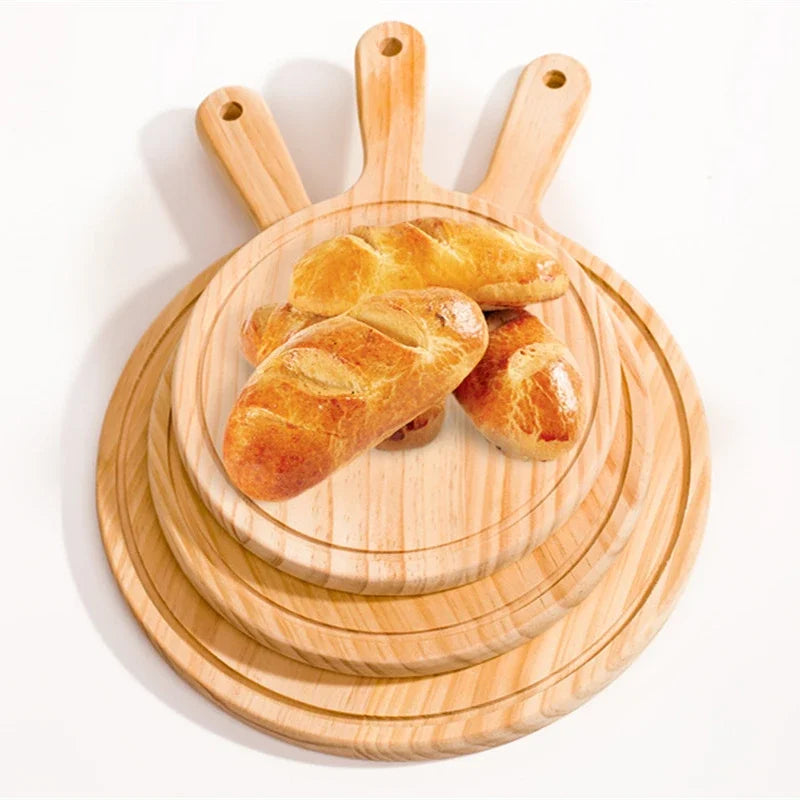 6 to 13inch Wooden Round Pizza board with Hand Pizza Baking Tray Stone Cutting Board Platter Pizza Stone Cake Bakeware