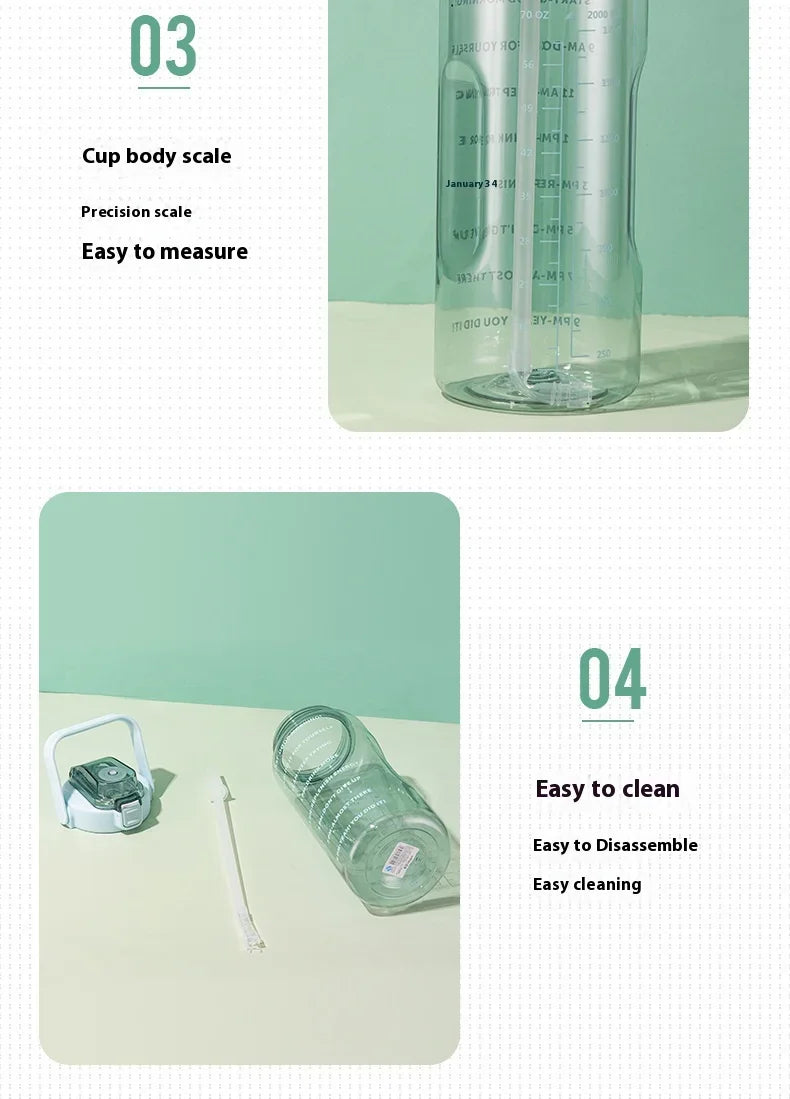 2 L Plastic Water Bottle with Straw and Time Markers, Sports Bottle, 5 Colours