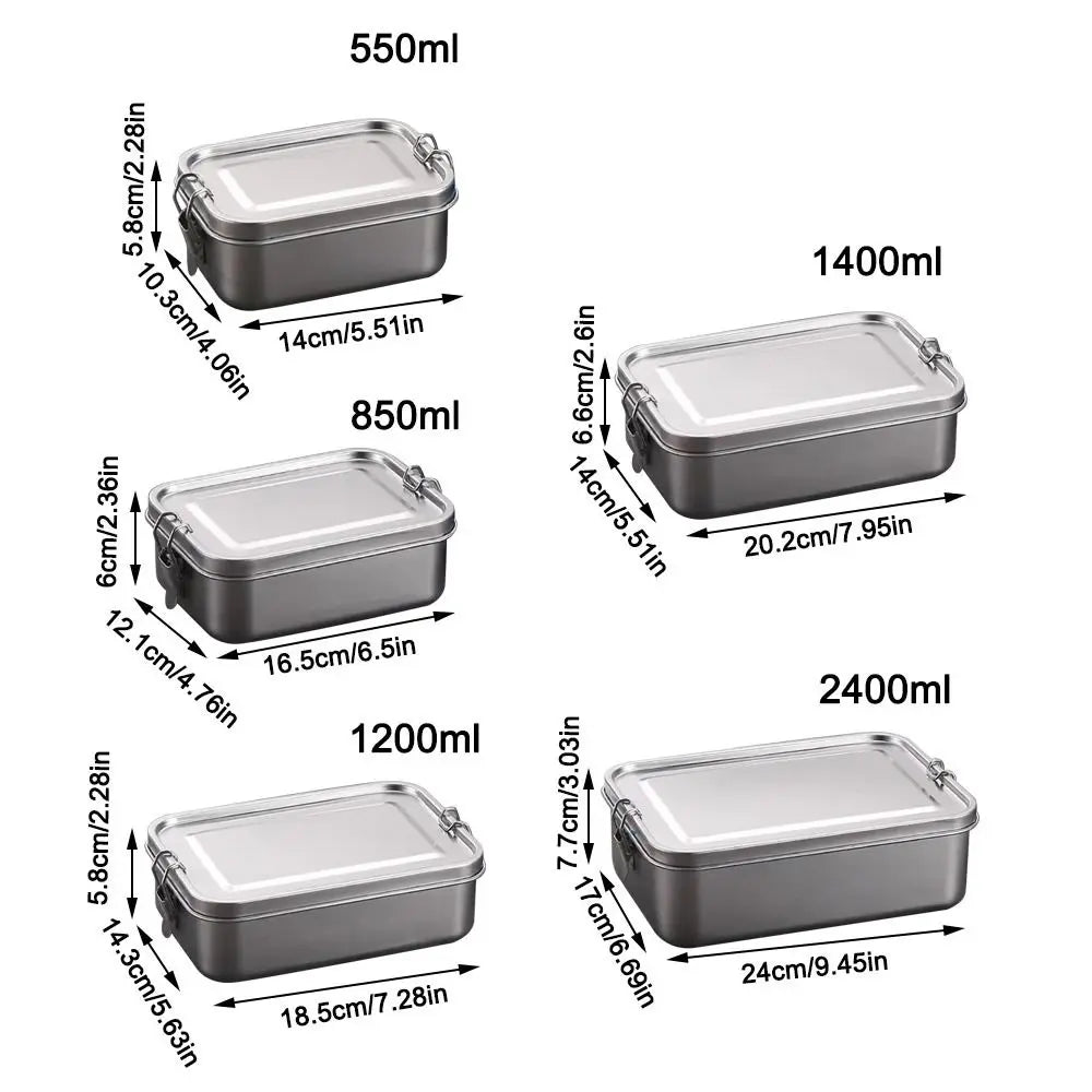 Stainless Steel Square Bento Box with Lid, Leak-Proof Lunch Container, 550 to 2400 ml