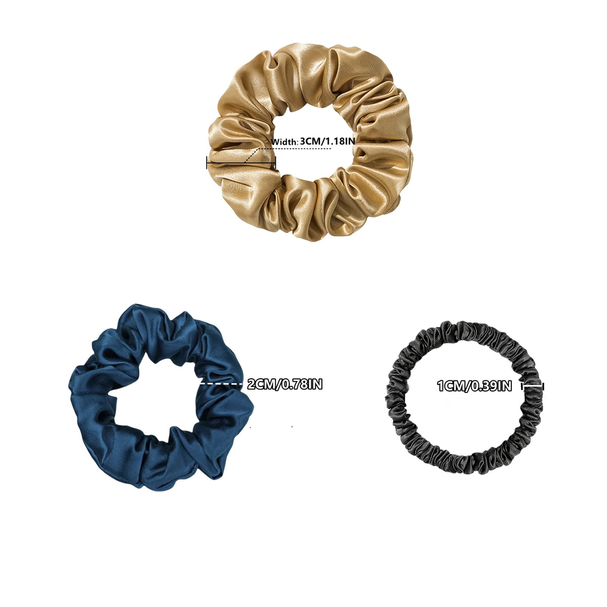 Silk Hair Scrunchies Set of 3, Widths 1cm, 2cm and 3cm