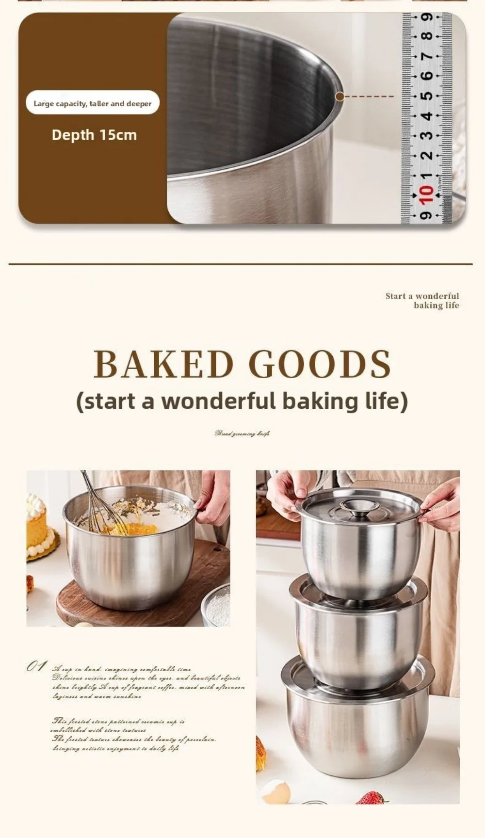 Stainless Steel Mixing Bowl Household Splash Proof Salad Egg Beating Basin Deep Design Bread Cake Fruit Container