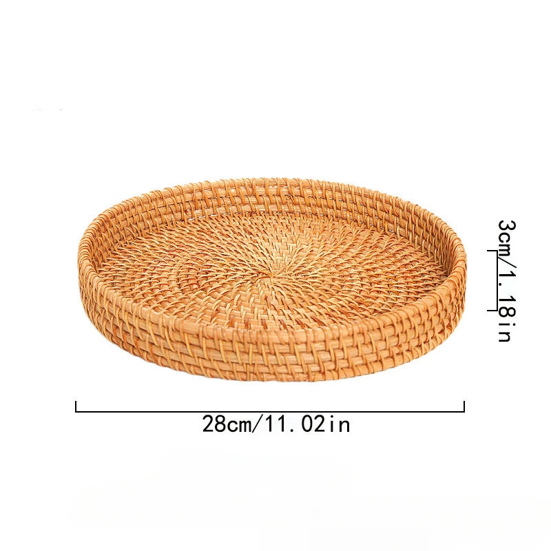Hand-Woven Rattan Round Tray Basket, Bread and Fruit Basket, 22, 24 or 28 cm