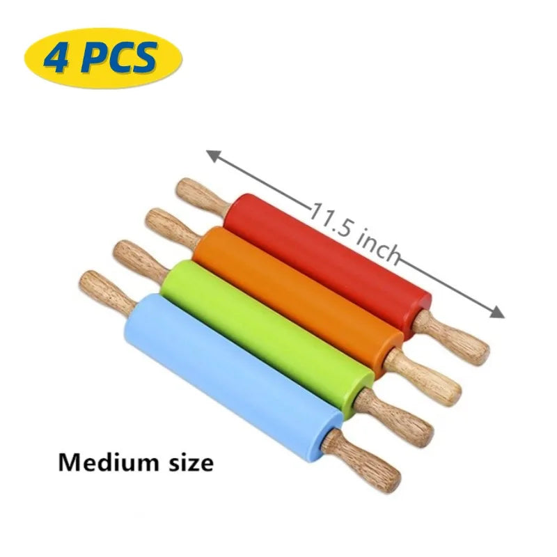 Silicone Rolling Pin with Wooden Handle, Non-Stick, 1 or 4 Pack