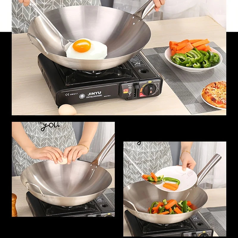 1pc Large Stainless Steel Wok, Uncoated Thick High-Quality Durable Chef'S Pan with Dual Handles, Easy to Clean for Commercial