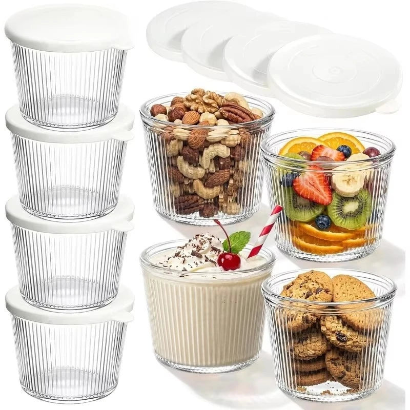4/6PCS Small Glass Bowl with Lid Clear Stripe Glass Container Stackable for Desserts Puddings Sauces Dips Nuts Oats Candy Sweets