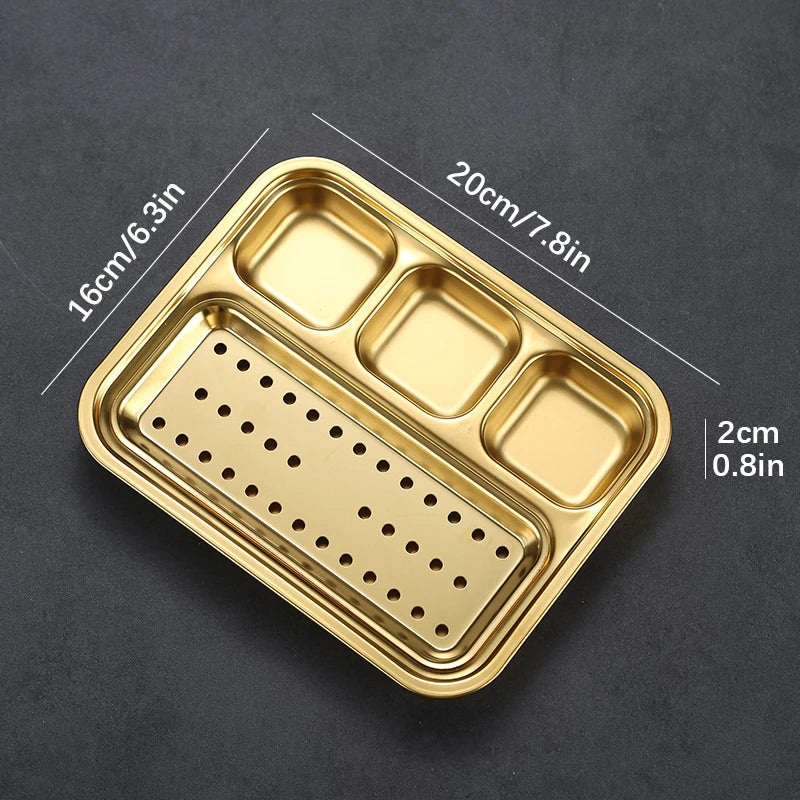 4 Grid 304 Stainless Steel Food Tray Oil Drain Barbecue Sauce Snack Trays Divided Dinner Tray Lunch Fruit Snack Container
