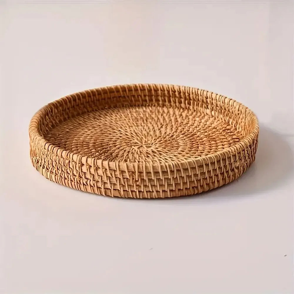 Hand-Woven Rattan Round Tray Basket, Bread and Fruit Basket, 22, 24 or 28 cm