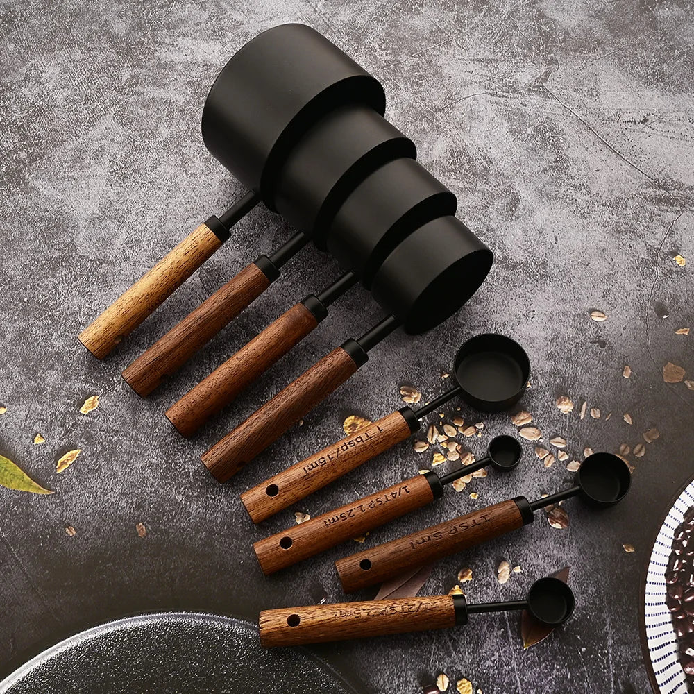 Gold Wooden Handle Stainless Steel Measuring Cups Spoons Baking Tools Coffee Measuring Spoon Set Bartending Scale Accessories