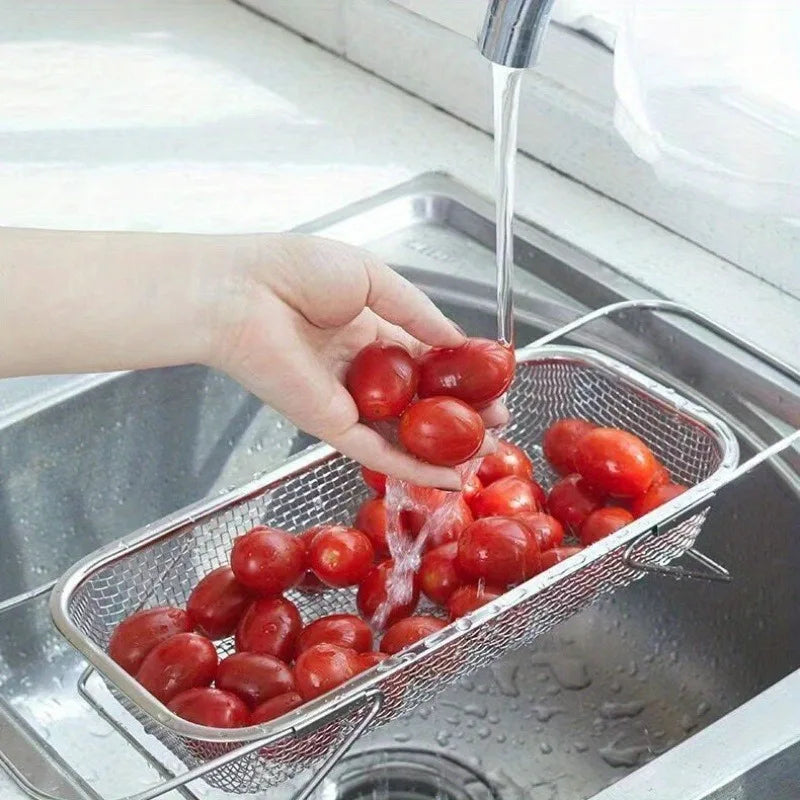 Stainless Steel Over Sink Colander with Telescopic Handle, 45 cm Mesh Strainer Basket