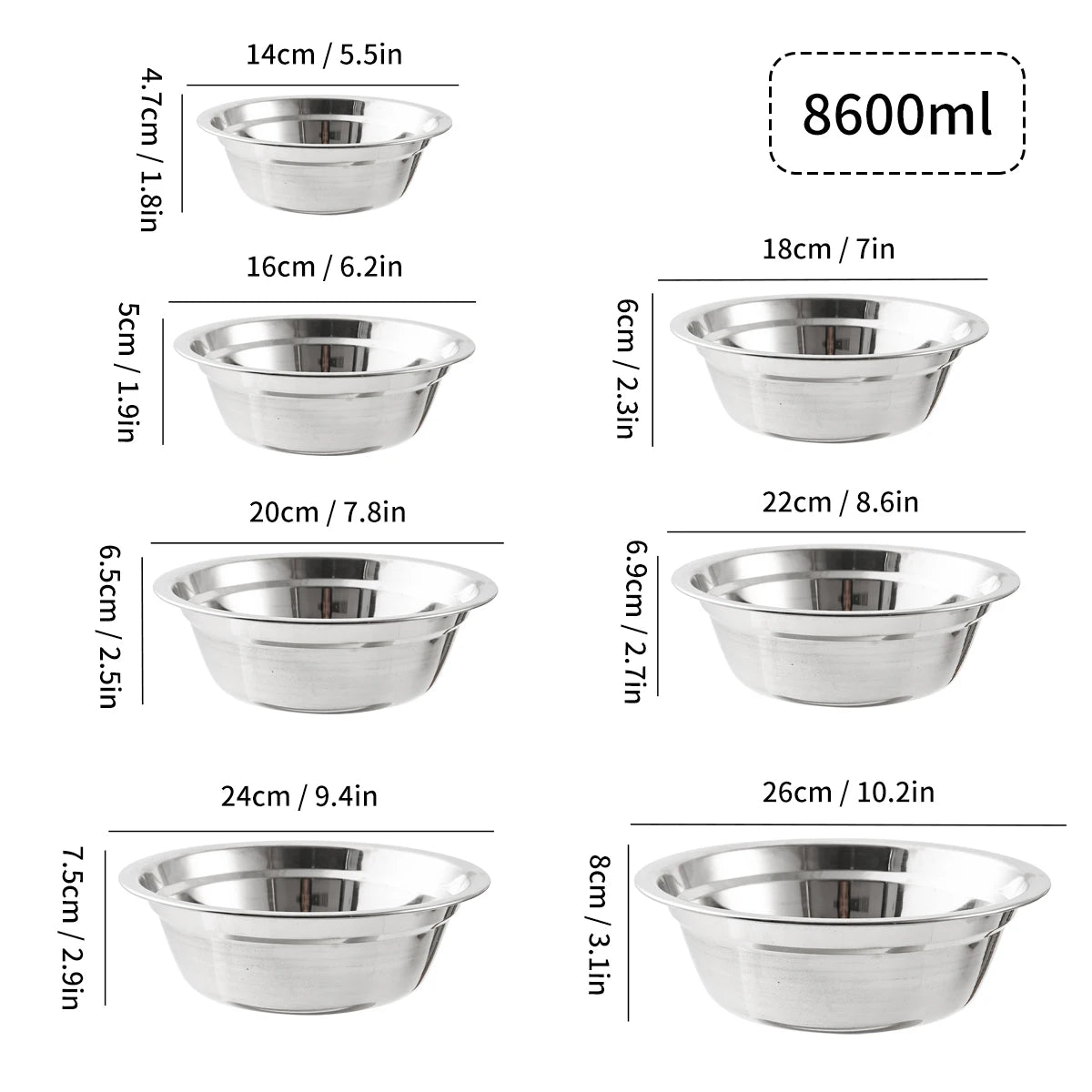 304 Stainless Steel Mixing Bowl, 14 to 26cm
