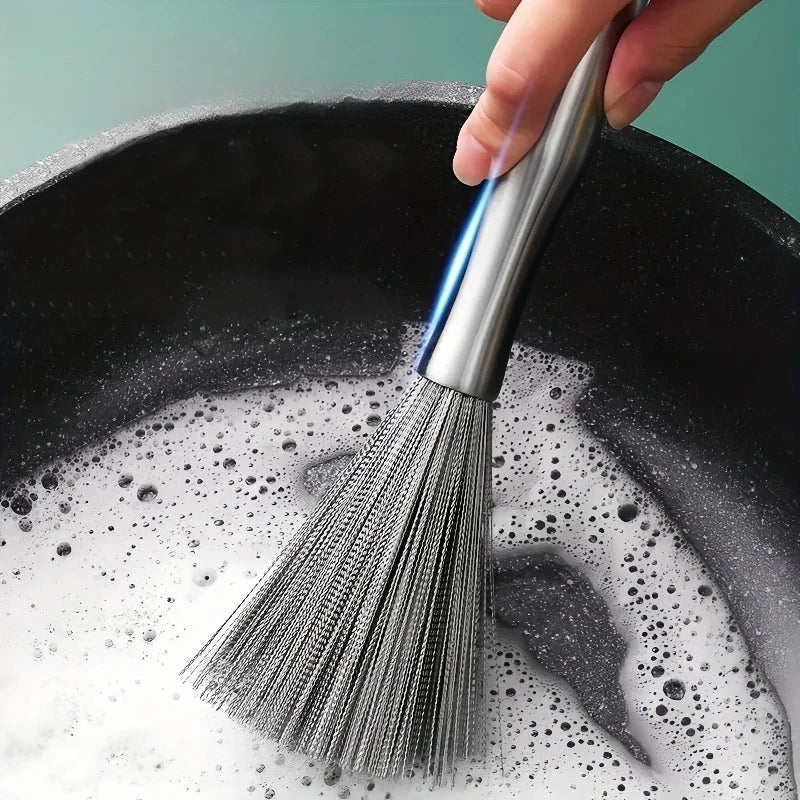 Stainless Steel Pan Brush with A Long Handle Dishwashing Brush Pot Cleaner Strong Decontamination Hangable Kitchen Clean Tools