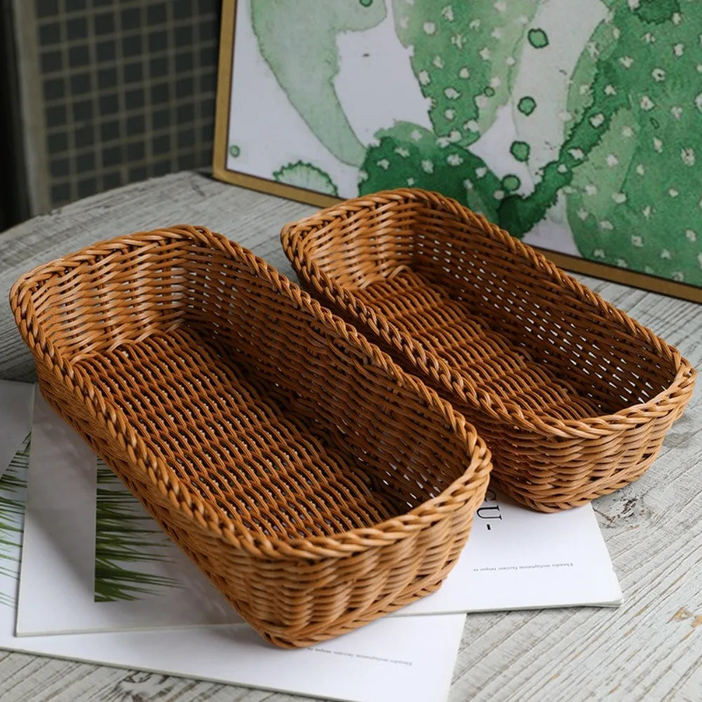 Faux Rattan Plastic Storage Basket Tray, Bread and Fruit Serving Basket, 3 Sizes