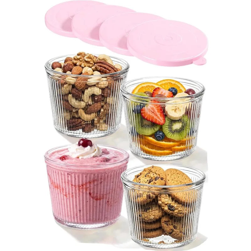 4/6PCS Small Glass Bowl with Lid Clear Stripe Glass Container Stackable for Desserts Puddings Sauces Dips Nuts Oats Candy Sweets