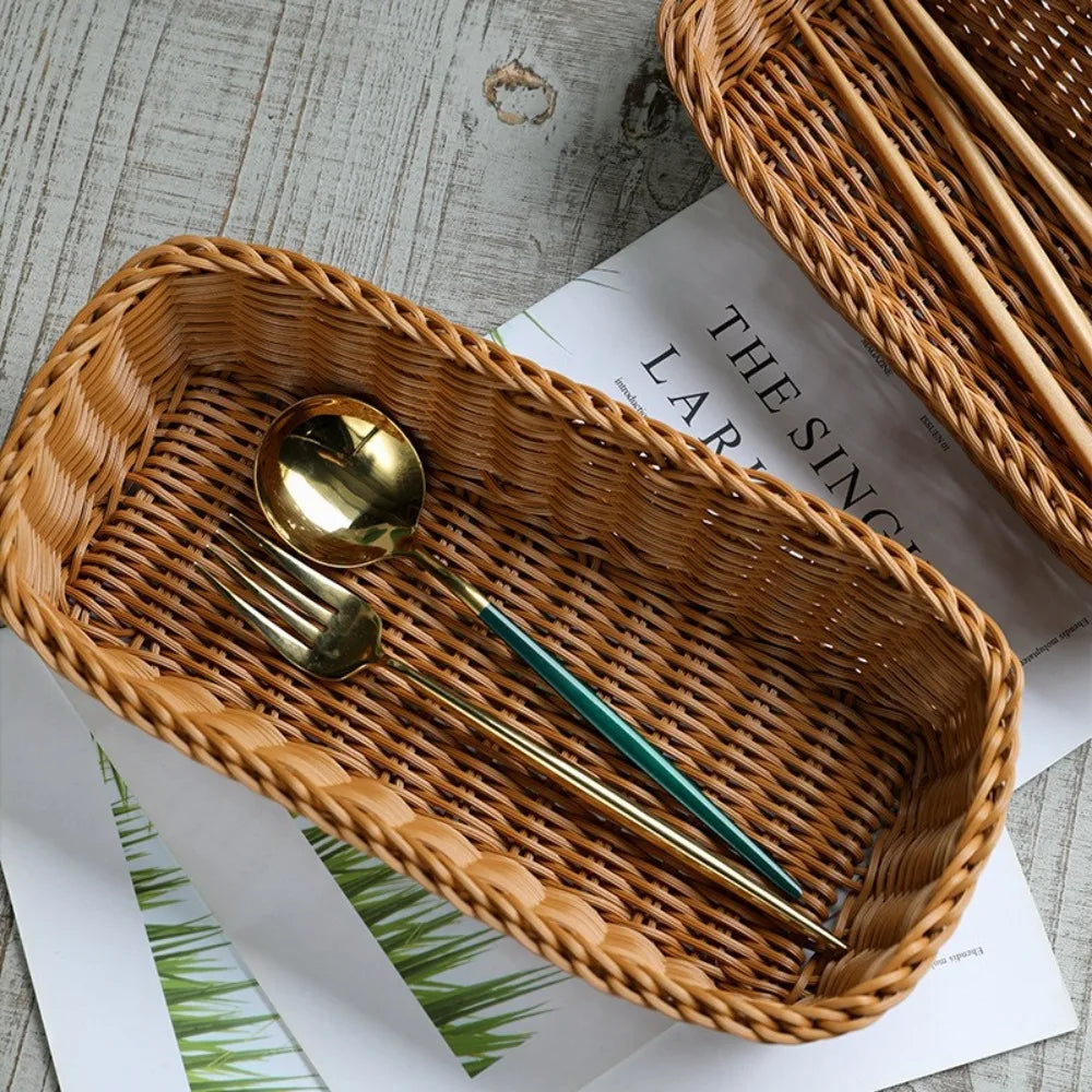 Faux Rattan Plastic Storage Basket Tray, Bread and Fruit Serving Basket, 3 Sizes