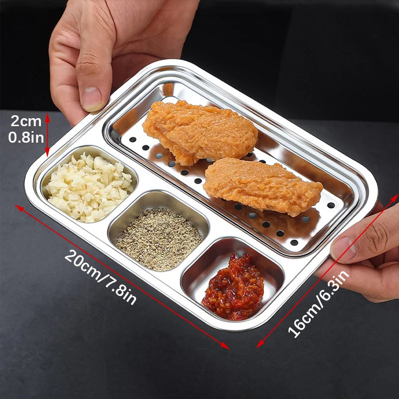4 Grid 304 Stainless Steel Food Tray Oil Drain Barbecue Sauce Snack Trays Divided Dinner Tray Lunch Fruit Snack Container
