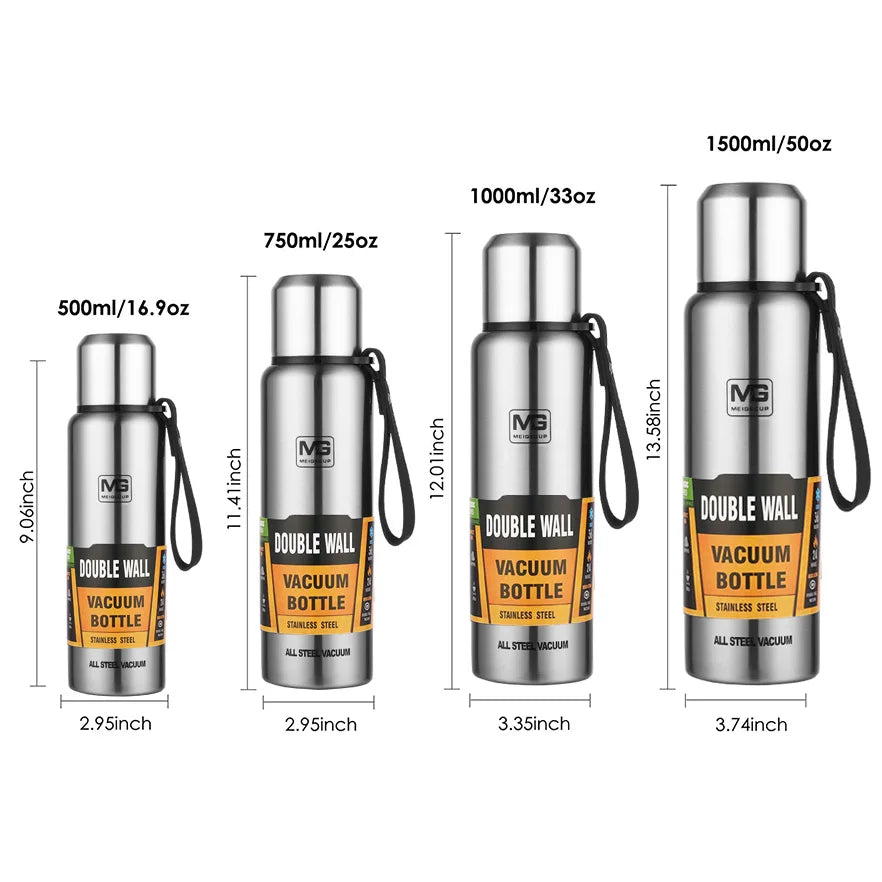Stainless Steel Vacuum Flask Thermos with Rope, Insulated Bottle, 500 to 1500 ml
