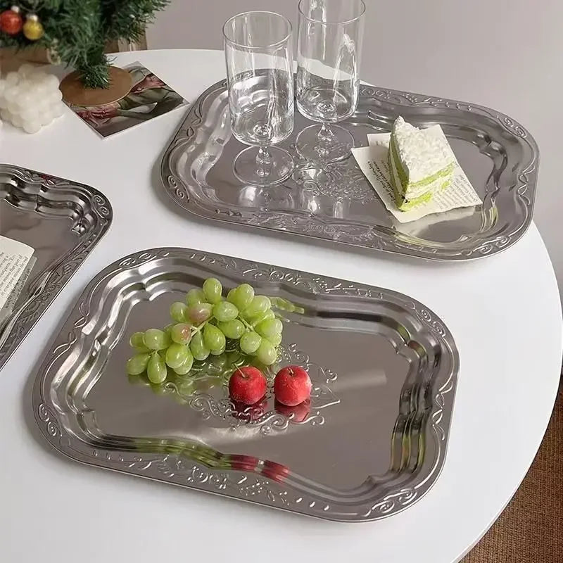 1PCS Stainless Steel Rectangular Tray with Embossed Design for Kitchen Living Room Storage Durable Fruit Snack Cake Serving Dish