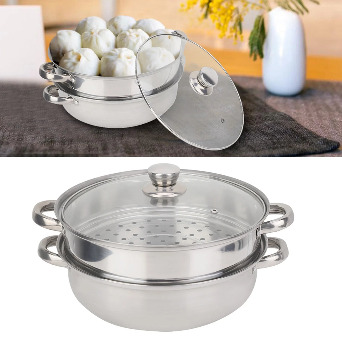 Stainless Steel Cookware 27cm/11in 2-Layer Steamer Pot Cooker Double Boiler Soup Steaming Pot Kitchenware Kitchen Supplies
