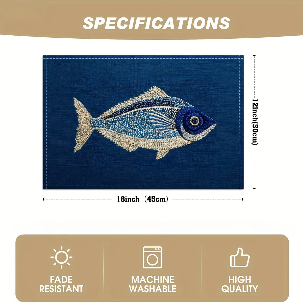 Blue Linen Placemat with Embroidered Fish Pattern