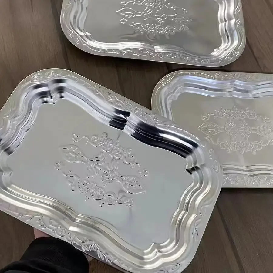 1PCS Stainless Steel Rectangular Tray with Embossed Design for Kitchen Living Room Storage Durable Fruit Snack Cake Serving Dish