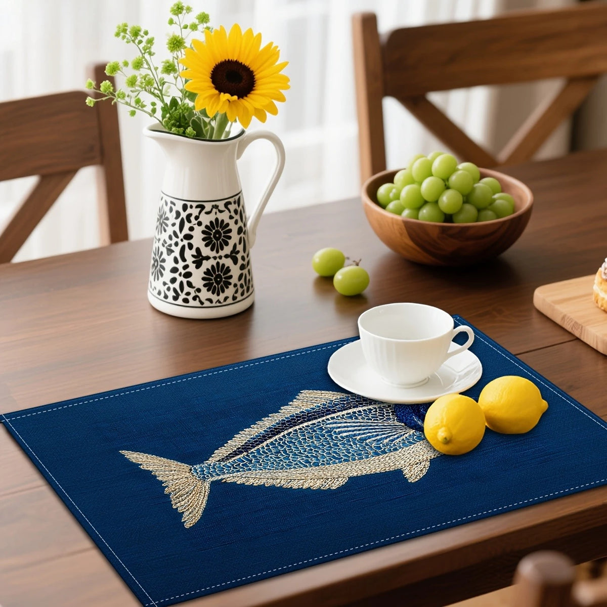 Blue Linen Placemat with Embroidered Fish Pattern