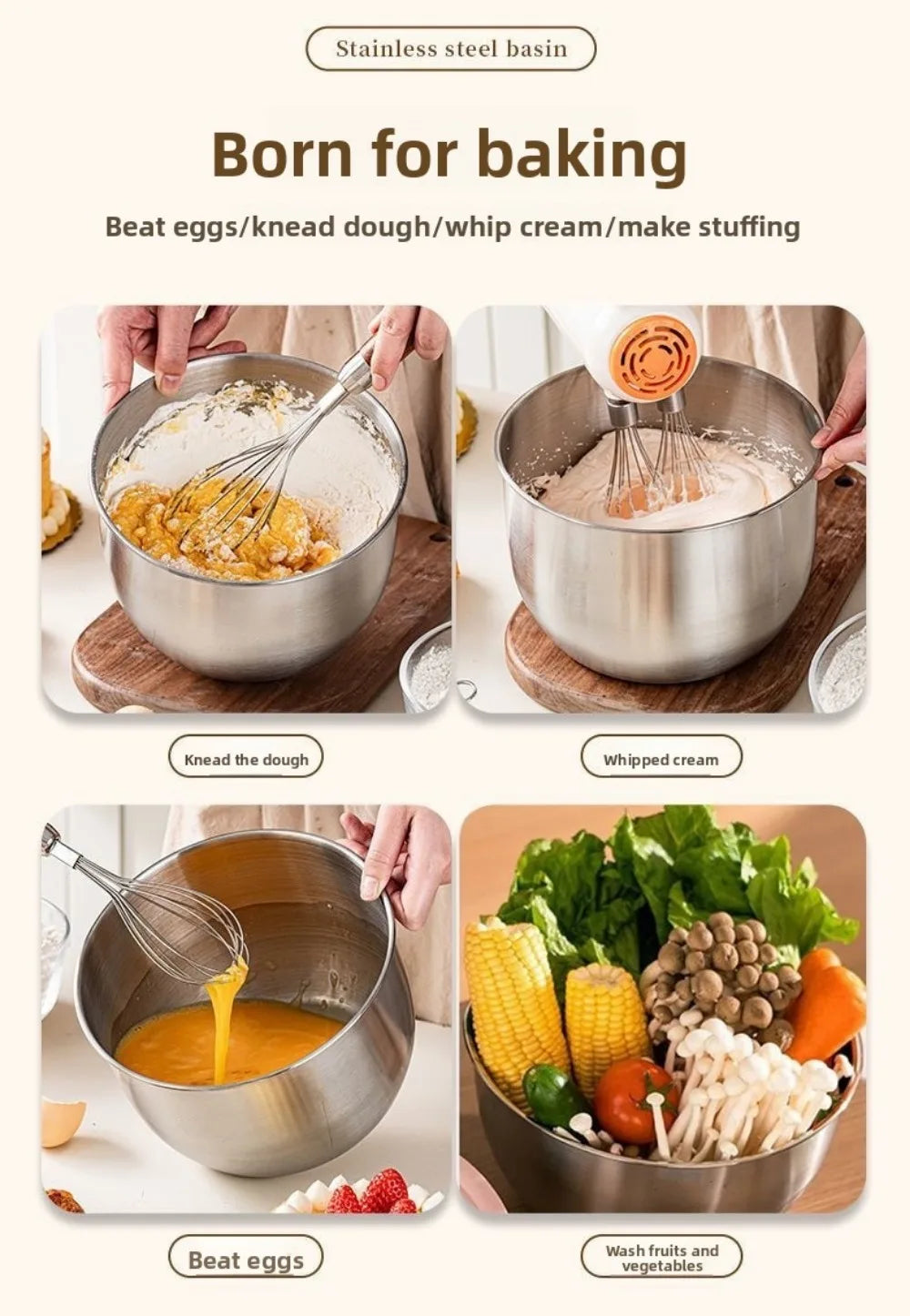 Stainless Steel Mixing Bowl Household Splash Proof Salad Egg Beating Basin Deep Design Bread Cake Fruit Container