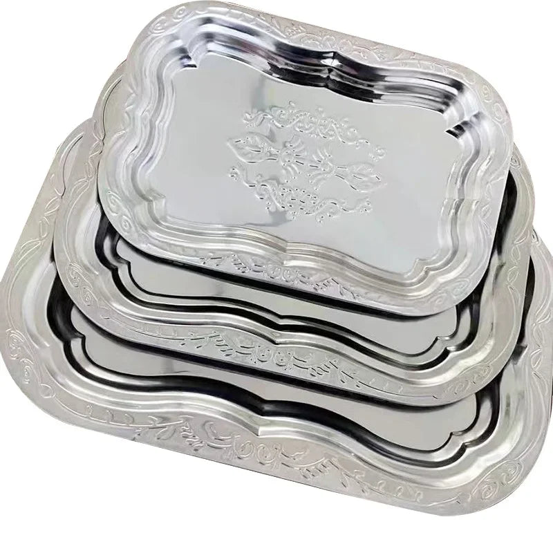 1PCS Stainless Steel Rectangular Tray with Embossed Design for Kitchen Living Room Storage Durable Fruit Snack Cake Serving Dish