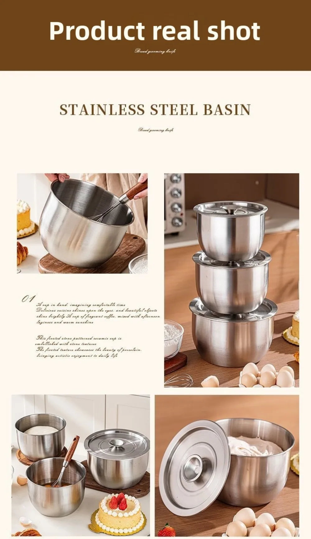 Stainless Steel Mixing Bowl Household Splash Proof Salad Egg Beating Basin Deep Design Bread Cake Fruit Container