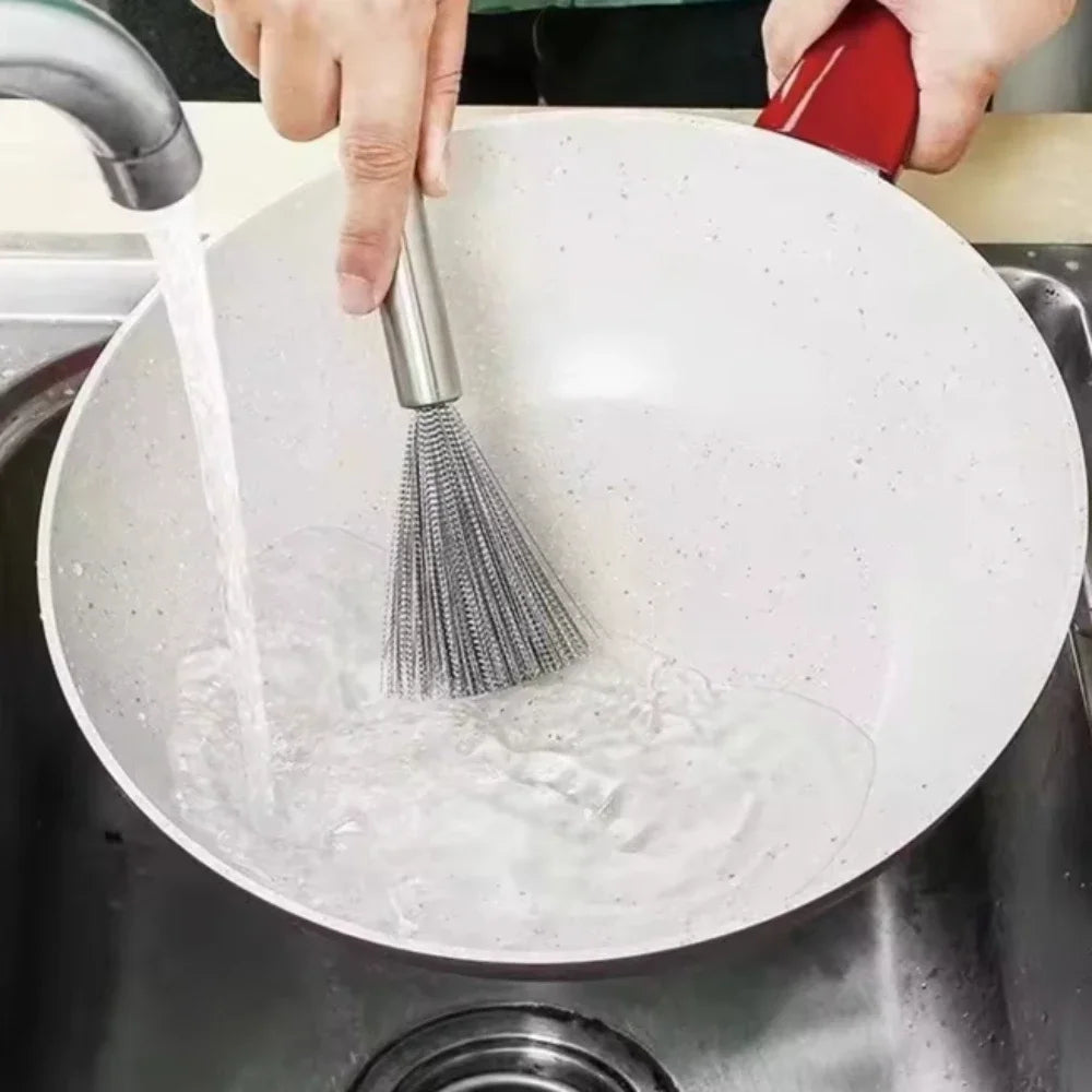 Stainless Steel Pan Brush with A Long Handle Dishwashing Brush Pot Cleaner Strong Decontamination Hangable Kitchen Clean Tools