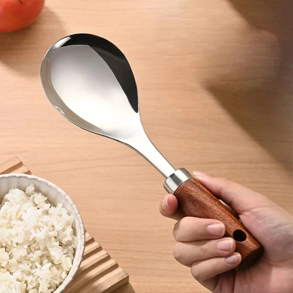 22cm Stainless Steel Rice Spoon Heat-Resistant Rice Shovel Spoon With Wooden Handle Non-Stick Spatula Rice Cooker Kitchen Tools