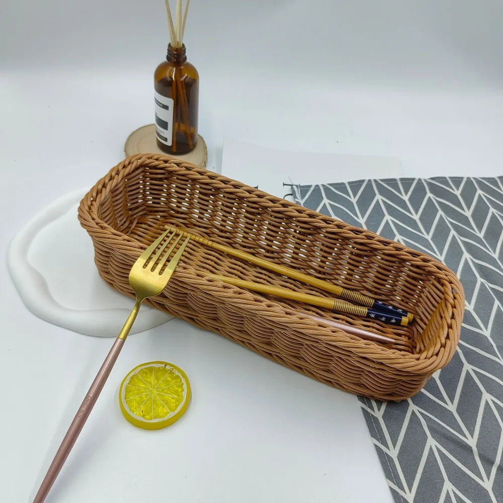 Faux Rattan Plastic Storage Basket Tray, Bread and Fruit Serving Basket, 3 Sizes