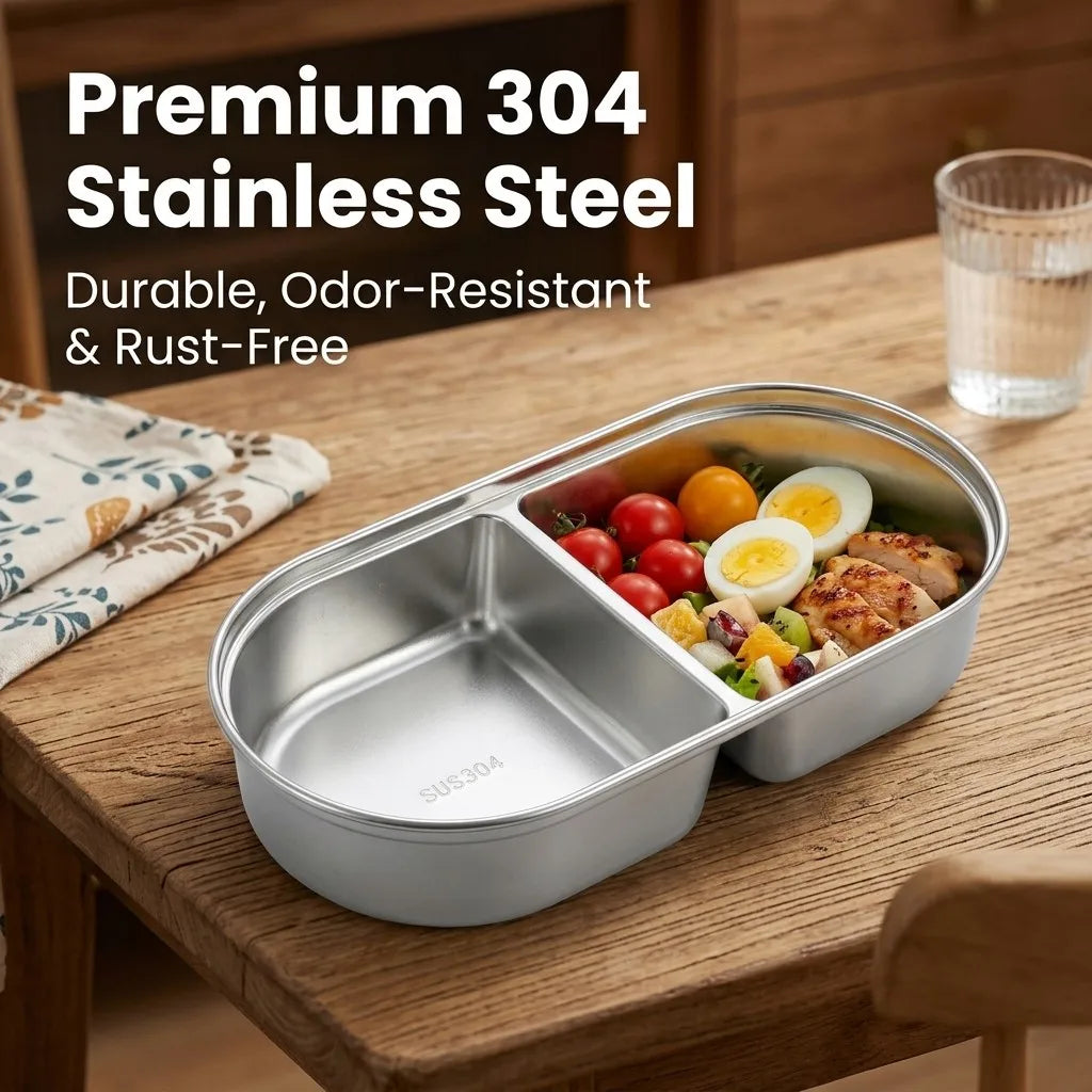 304 Stainless Steel Oval Insulated Lunch Box with Dividers, Leak-Proof, 850 to 1650 ml