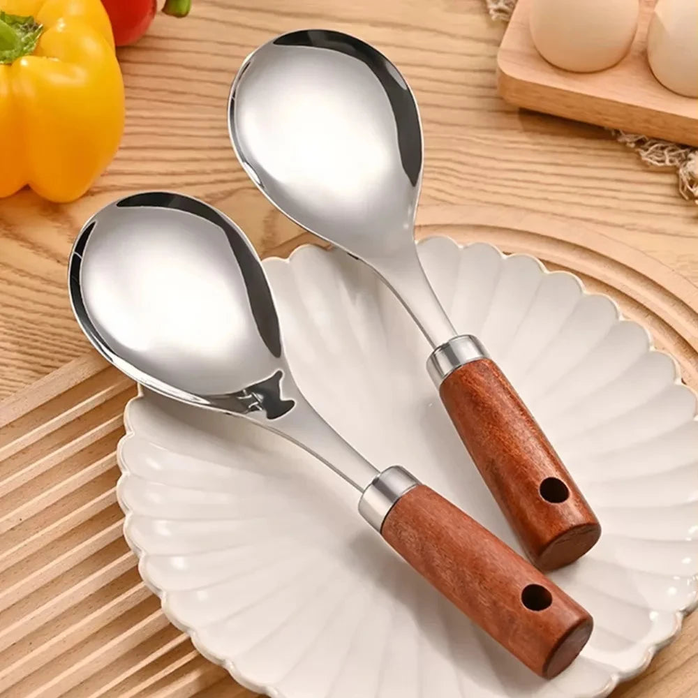 22cm Stainless Steel Rice Spoon Heat-Resistant Rice Shovel Spoon With Wooden Handle Non-Stick Spatula Rice Cooker Kitchen Tools