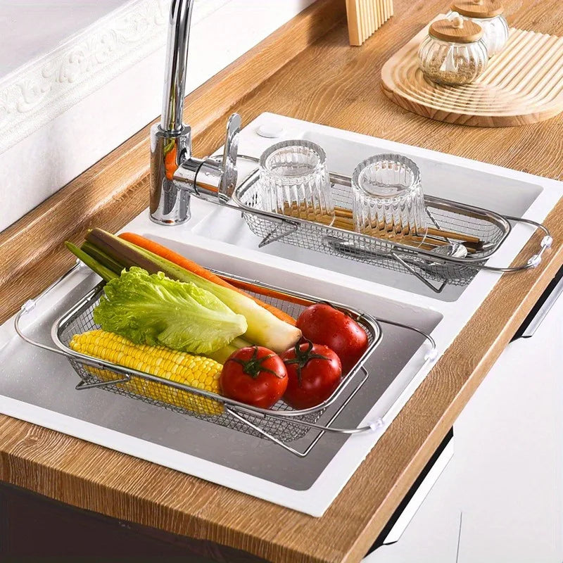 Stainless Steel Over Sink Colander with Telescopic Handle, 45 cm Mesh Strainer Basket