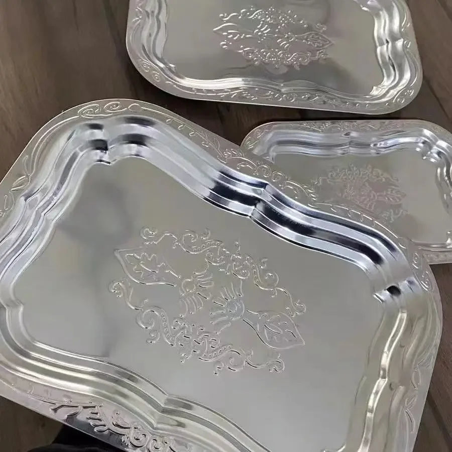 1PCS Stainless Steel Rectangular Tray with Embossed Design for Kitchen Living Room Storage Durable Fruit Snack Cake Serving Dish
