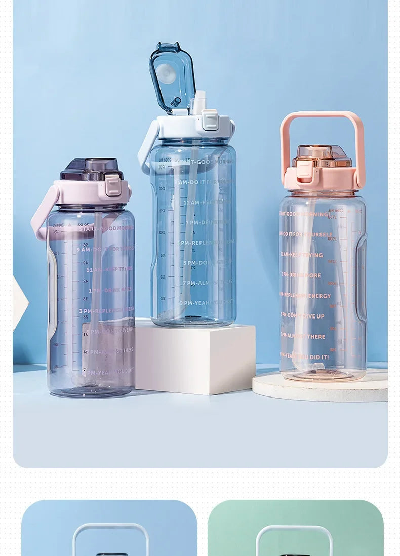 2 L Plastic Water Bottle with Straw and Time Markers, Sports Bottle, 5 Colours