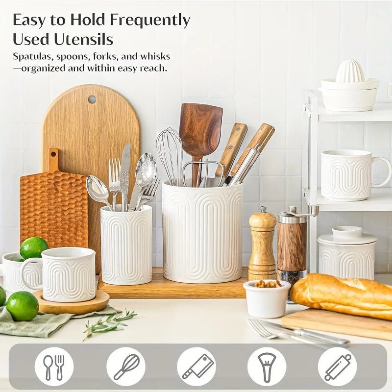 Ceramic Utensil Holder Organizer - Kitchen Countertop Storage Jar for Forks Spoons Knives, White Porcelain Canister, 1/2-Piece - Ammpell