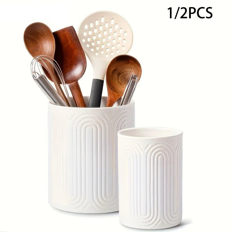 Ceramic Utensil Holder Organizer - Kitchen Countertop Storage Jar for Forks Spoons Knives, White Porcelain Canister, 1/2-Piece - Ammpell