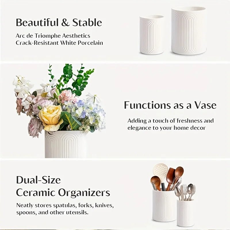 Ceramic Utensil Holder Organizer - Kitchen Countertop Storage Jar for Forks Spoons Knives, White Porcelain Canister, 1/2-Piece - Ammpell