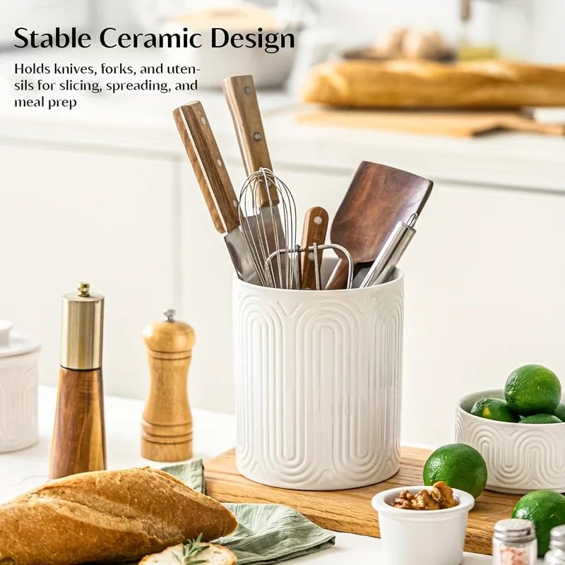 Ceramic Utensil Holder Organizer - Kitchen Countertop Storage Jar for Forks Spoons Knives, White Porcelain Canister, 1/2-Piece - Ammpell