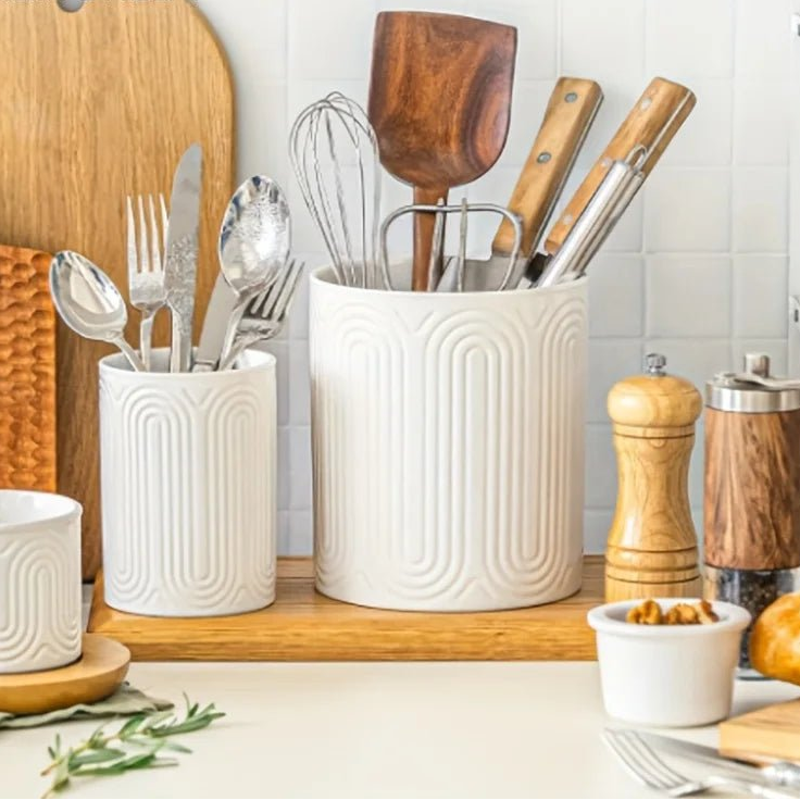 Ceramic Utensil Holder Organizer - Kitchen Countertop Storage Jar for Forks Spoons Knives, White Porcelain Canister, 1/2-Piece - Ammpell