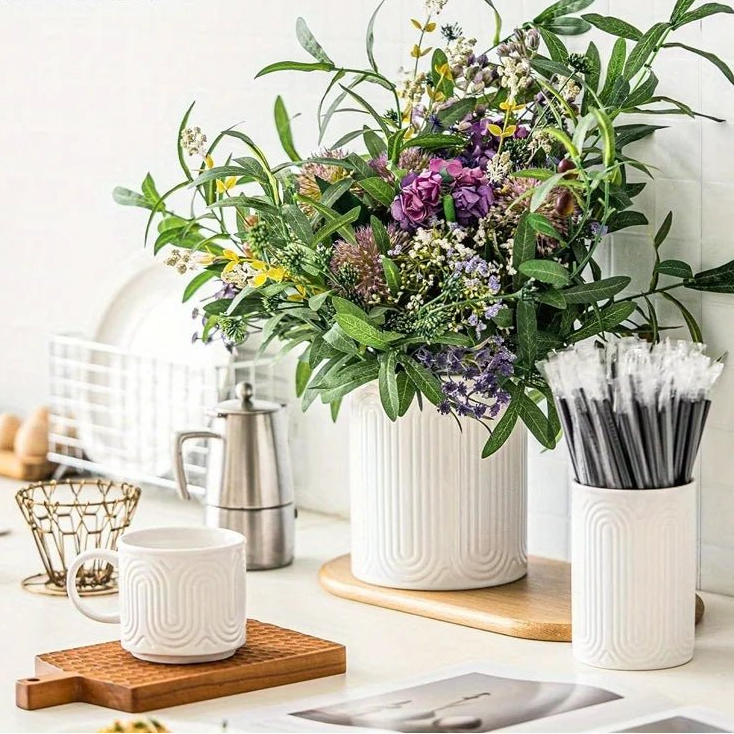Ceramic Utensil Holder Organizer - Kitchen Countertop Storage Jar for Forks Spoons Knives, White Porcelain Canister, 1/2-Piece - Ammpell