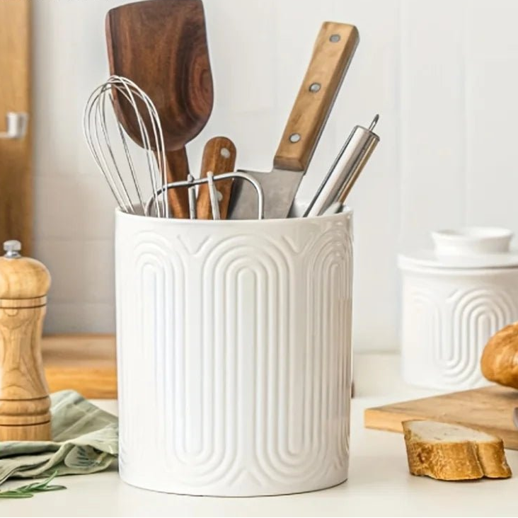 Ceramic Utensil Holder Organizer - Kitchen Countertop Storage Jar for Forks Spoons Knives, White Porcelain Canister, 1/2-Piece - Ammpell