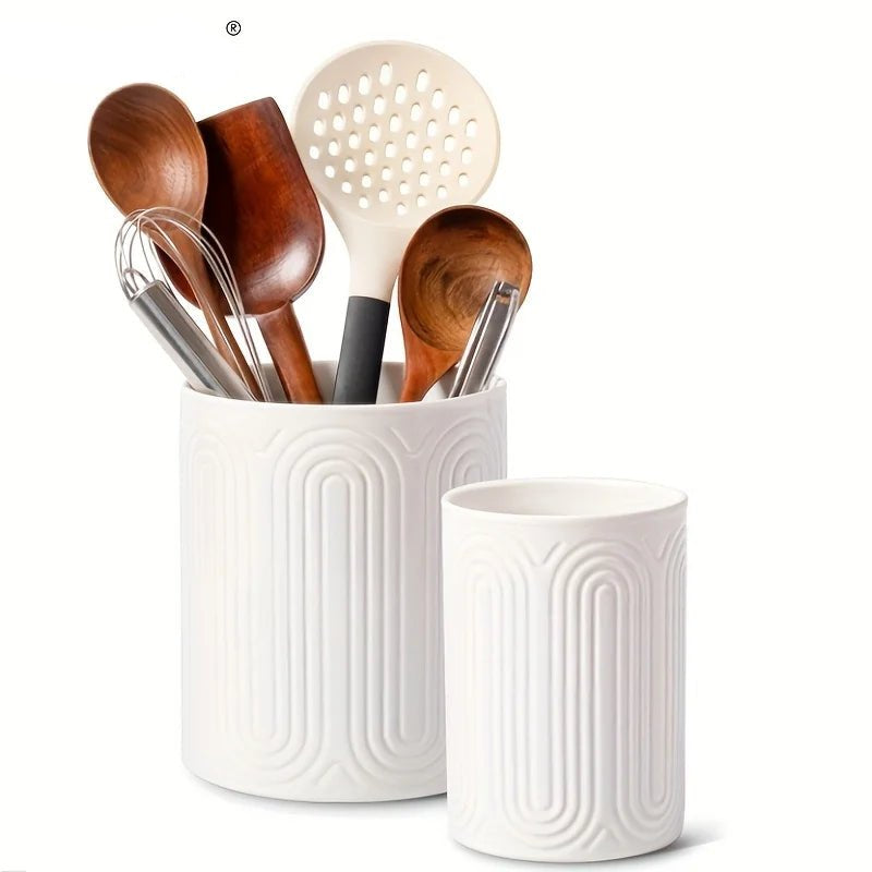 Ceramic Utensil Holder Organizer - Kitchen Countertop Storage Jar for Forks Spoons Knives, White Porcelain Canister, 1/2-Piece - Ammpell