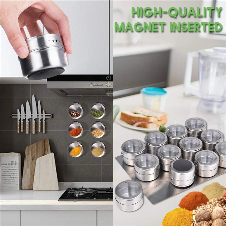 Magnetic Spice Jars With Wall Mounted Rack Stainless Steel Spice Tins Spice Seasoning Containers With Spice Label KC0305 - Ammpell
