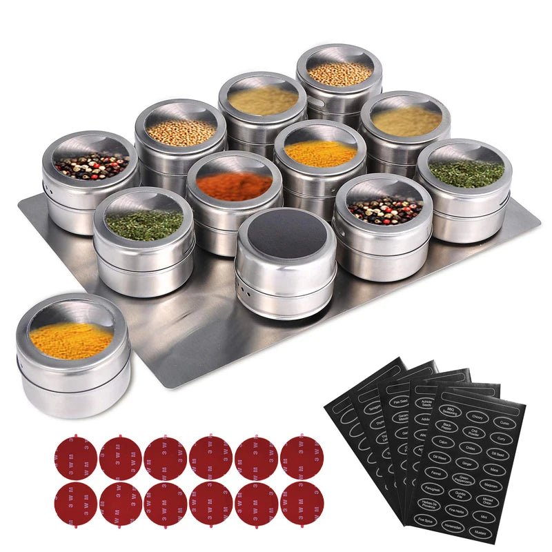 Magnetic Spice Jars With Wall Mounted Rack Stainless Steel Spice Tins Spice Seasoning Containers With Spice Label KC0305 - Ammpell