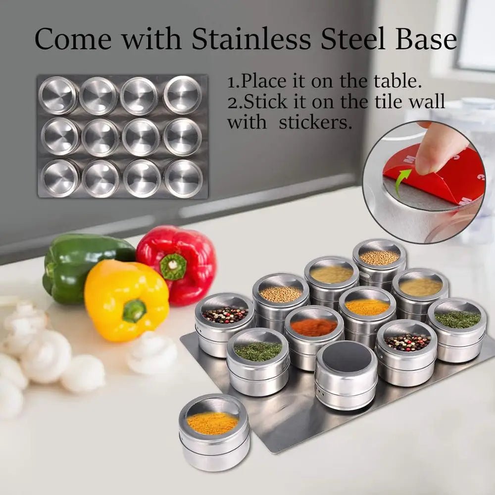 Magnetic Spice Jars With Wall Mounted Rack Stainless Steel Spice Tins Spice Seasoning Containers With Spice Label KC0305 - Ammpell