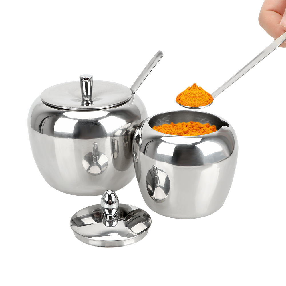 Apple Sugar Bowl Seasoning Jar Kitchen Accessories With Lid and Spoon Condiment Pot Spice Container Stainless Steel Tableware